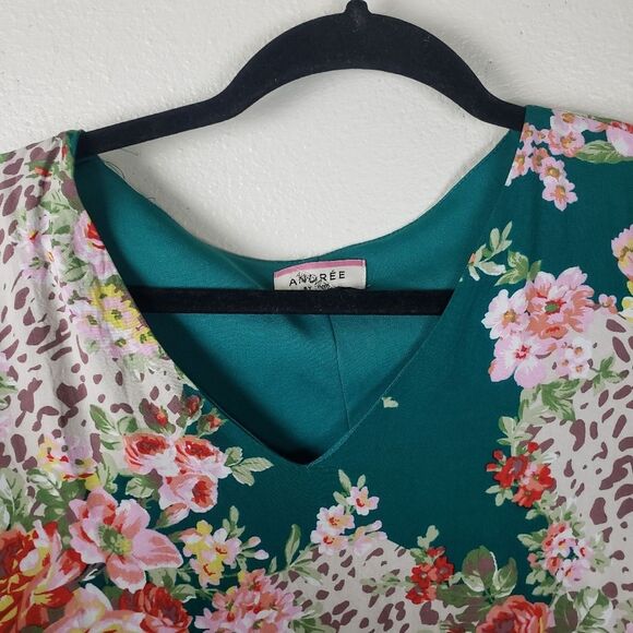 Andree by unit v-neck Teal pink floral dress tunic top size large - Picture 6 of 11